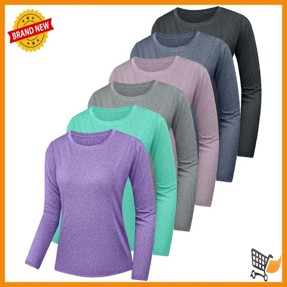 Long Sleeve UPF 50+ Dry Fit Workout Shirts 6 Pack Crew Neck